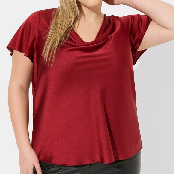 Share Torrid Satin Cowl Neck Short Flutter Sleeve Blouse - Biking Red - Size 1X - Picture 3 of 13